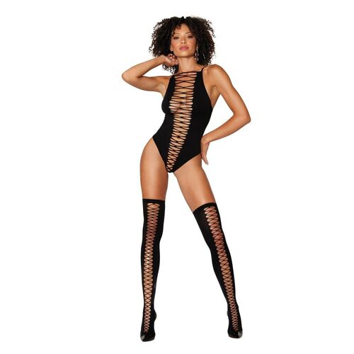 Dreamgirl Opaque Seamless Criss-Cross Teddy/Matching Stockings OS