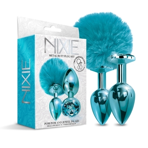 NIXIE Metal Butt Plug Set, Pom Pom and Jewel Inlaid, Blue Metallic