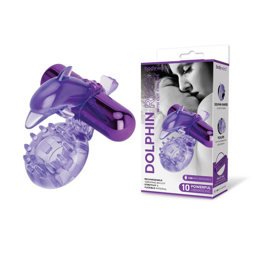 Bodywand Rechargeable Dolphin Ring with Clit Ticklers Purple USB Rechargeable Vibrating Cock Ring