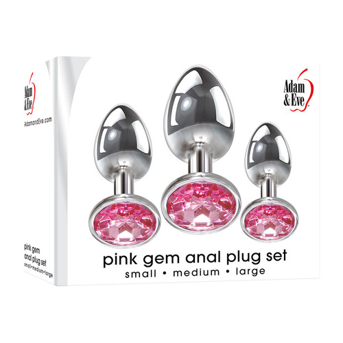 Adam & Eve Pink Gem Anal Plug Set Metallic Butt Plugs with Gems - Set of 3 Sizes