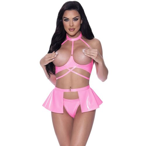 Wet Look Halter Bra/Skirt/Thong Set M