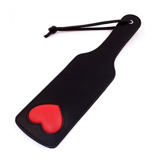 BLACK LEATHER PADDLE WITH RED HEARTS