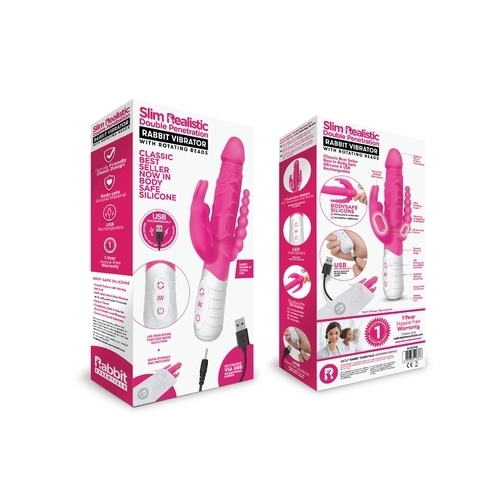 Rabbit Essentials Rechargeable Slim Double Penetration Rabbit - Hot Pink