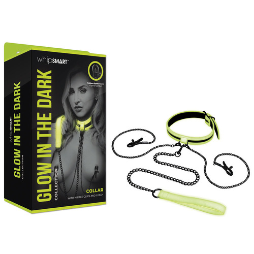 WhipSmart Glow In The Dark Collar with Nipple Clips & Leash Glow in Dark Restraint