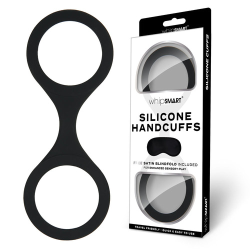 WhipSmart Silicone Handcuffs - Black Black Restraint with Bonus Blindfold