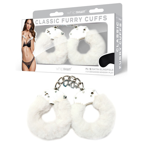 WhipSmart Classic Furry Cuffs - White White Furry Restraints with Bonus Eye Mask