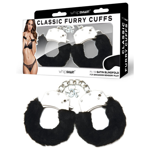 WhipSmart Classic Furry Cuffs - Black Black Furry Restraints with Bonus Eye Mask