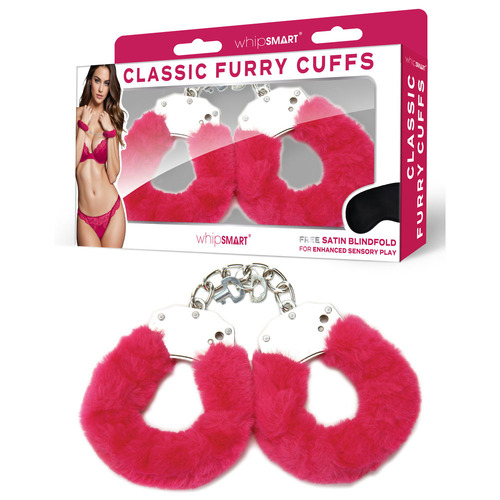 WhipSmart Classic Furry Cuffs - Hot Pink Hot Pink Furry Restraints with Bonus Eye Mask