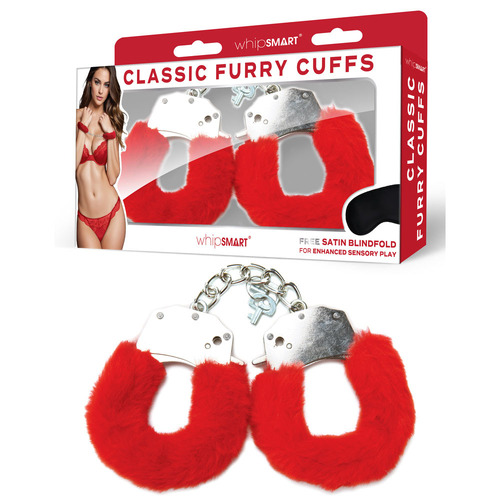 WhipSmart Classic Furry Cuffs - Hot Pink Red Furry Restraints with Bonus Eye Mask